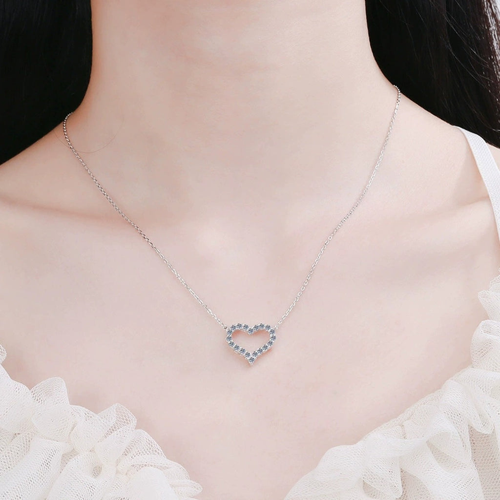 Open Heart Moissanite Necklace in White Gold-Plated S925 sterling silver neckline model view showing pendant scale and chain length