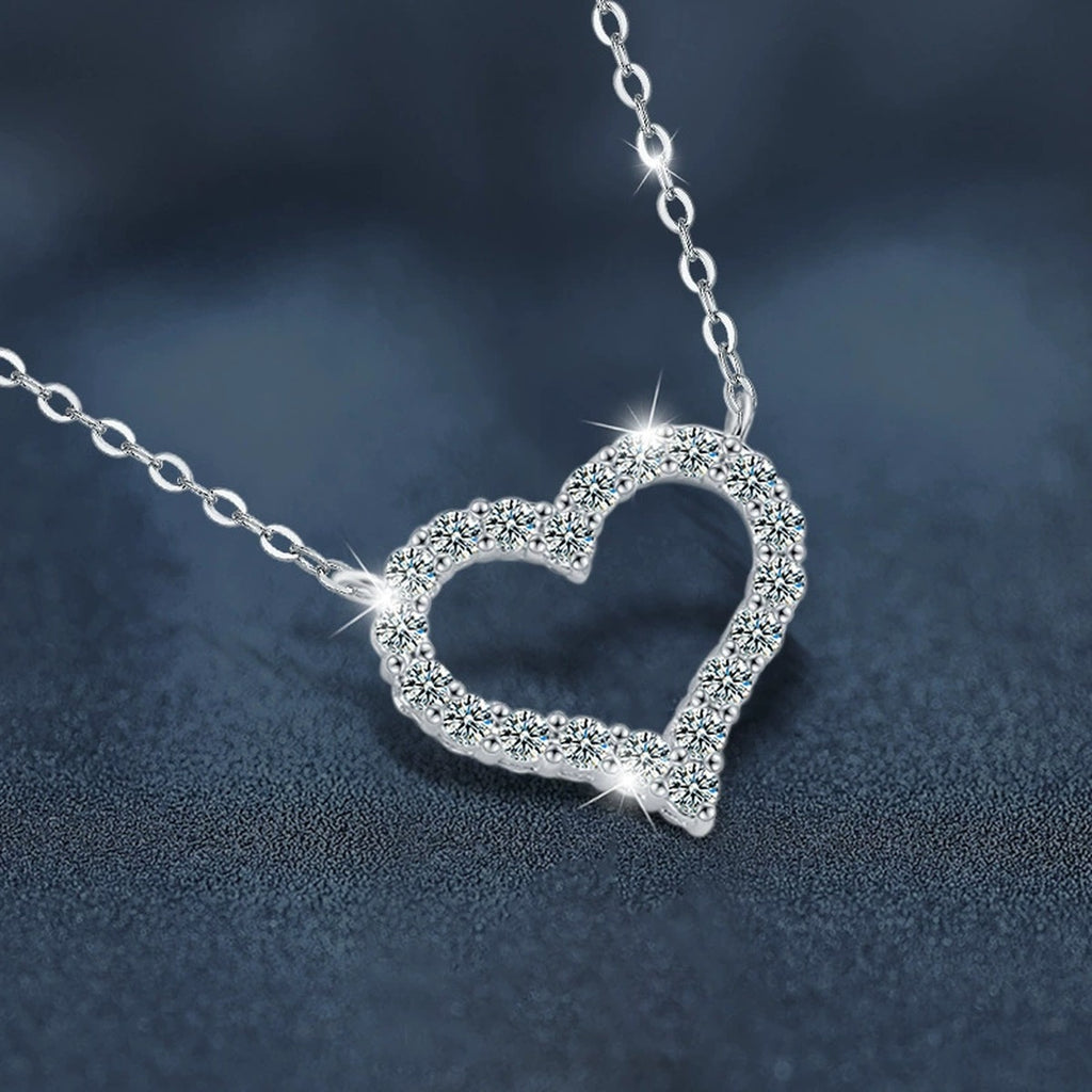 Open Heart Moissanite Necklace in White Gold-Plated S925 sterling silver close-up product scene showing pendant setting