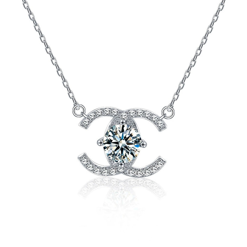 Crescent Moon Round Moissanite Necklace with CZ in White Gold-Plated S925 sterling silver white background product photo showing crescent moon pendant with a round moissanite center and CZ accents