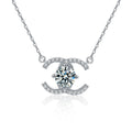 Crescent Moon Round Moissanite Necklace with CZ in White Gold-Plated S925 sterling silver white background product photo showing crescent moon pendant with a round moissanite center and CZ accents
