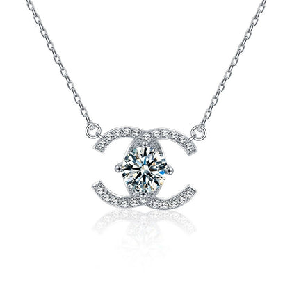 Crescent Moon Round Moissanite Necklace with CZ in White Gold-Plated S925 sterling silver white background product photo showing crescent moon pendant with a round moissanite center and CZ accents