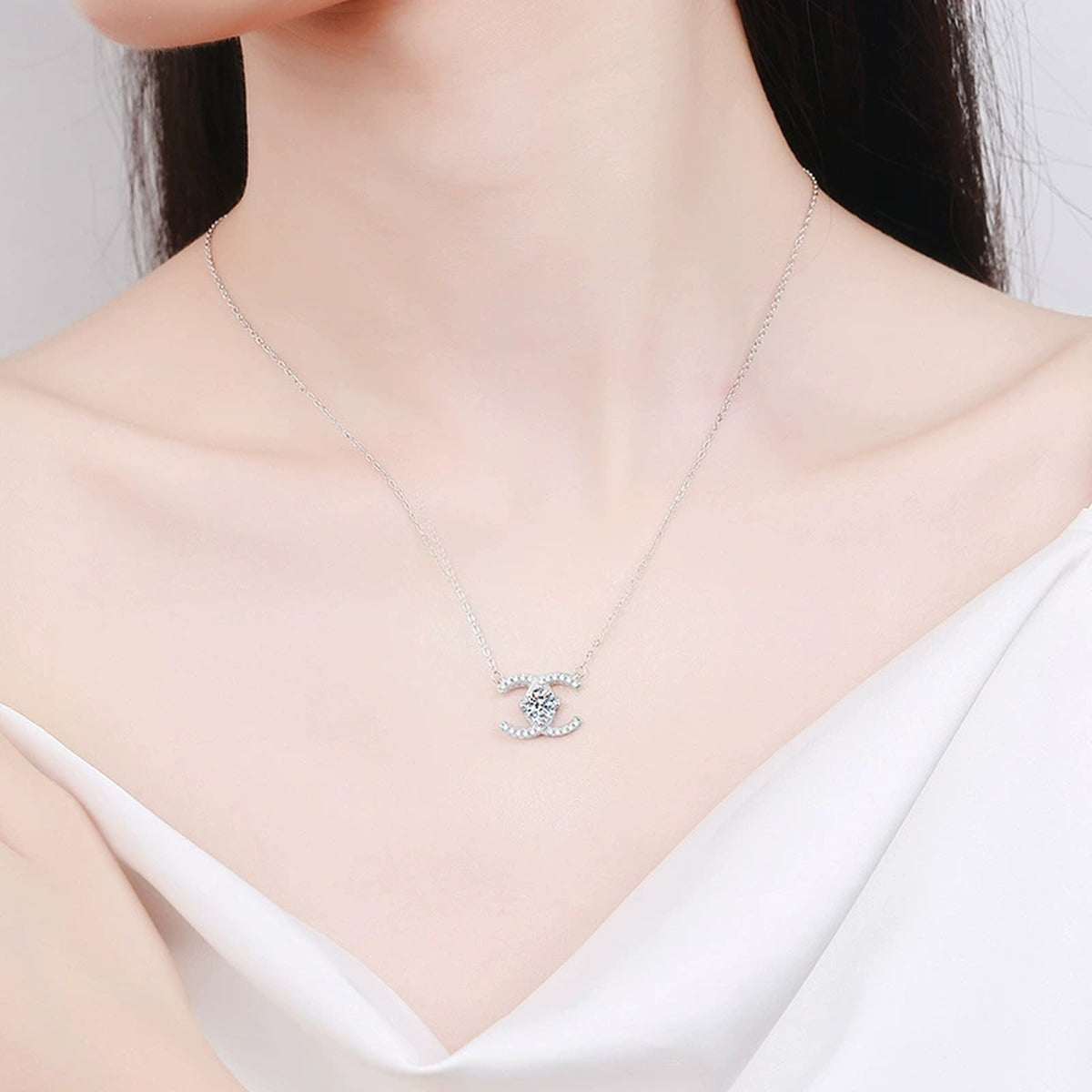 Crescent Moon Round Moissanite Necklace with CZ in White Gold-Plated S925 sterling silver neckline model view showing pendant scale and chain length
