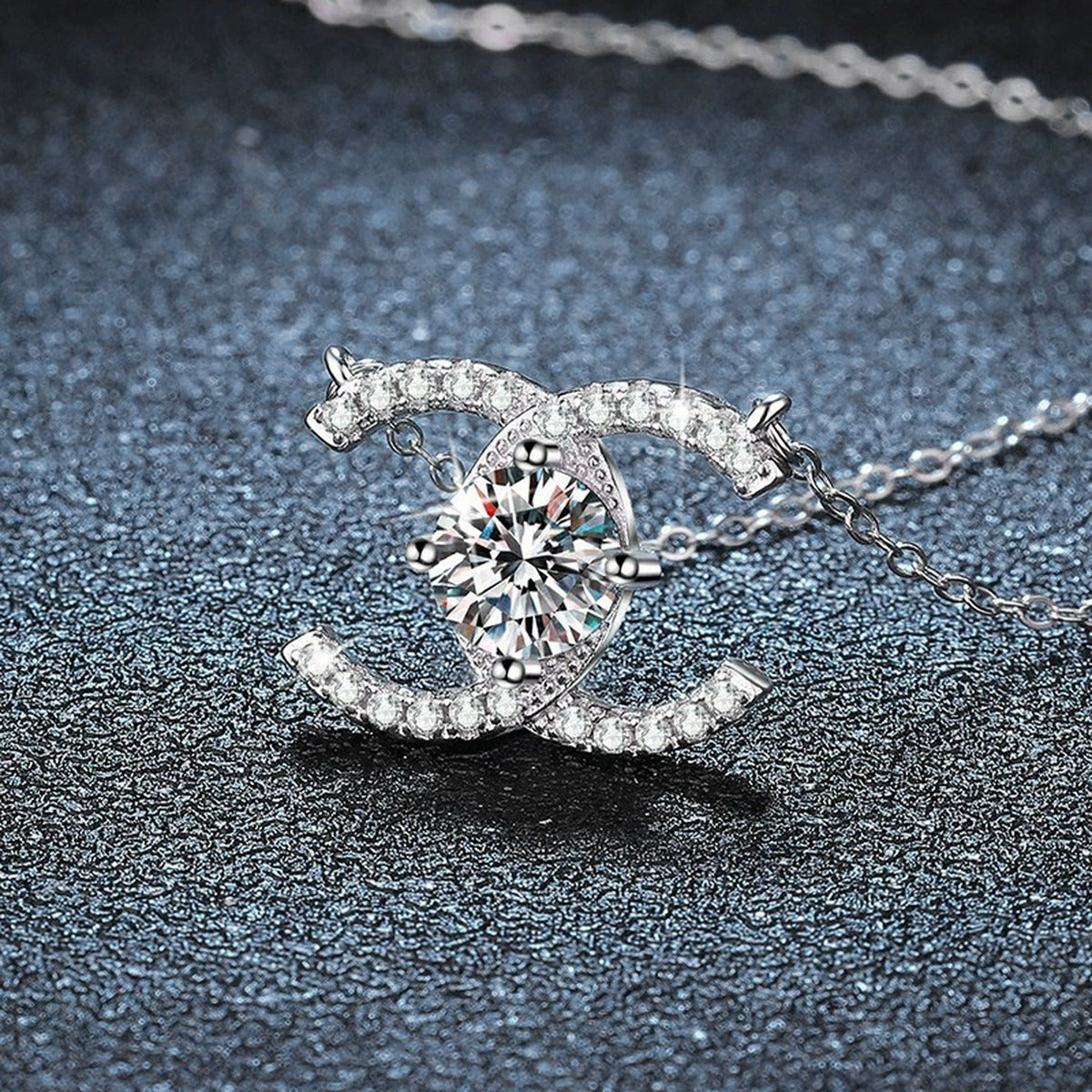 Crescent Moon Round Moissanite Necklace with CZ in White Gold-Plated S925 sterling silver close-up product scene showing pendant setting