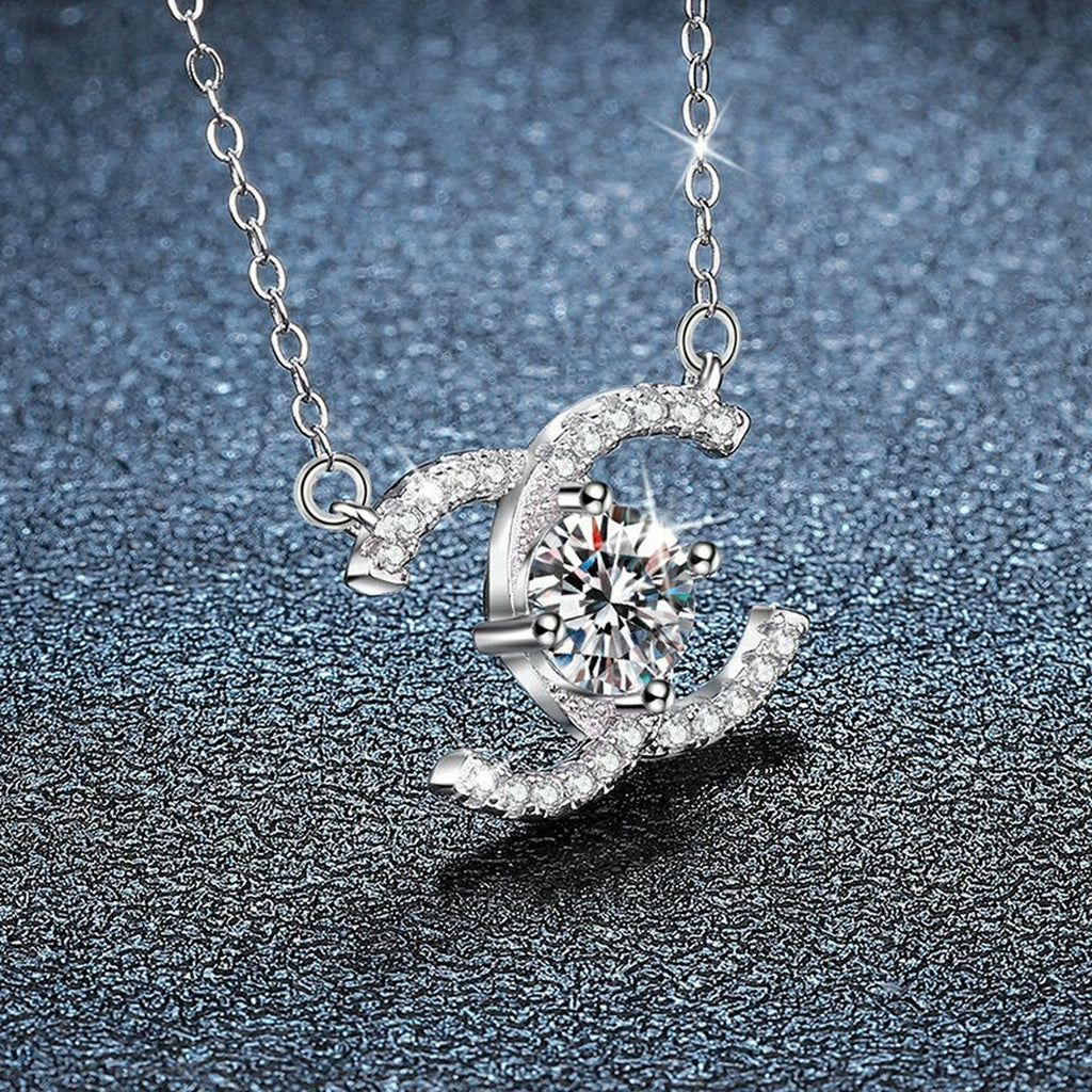 Crescent Moon Round Moissanite Necklace with CZ in White Gold-Plated S925 sterling silver blue display scene showing chain and stone layout