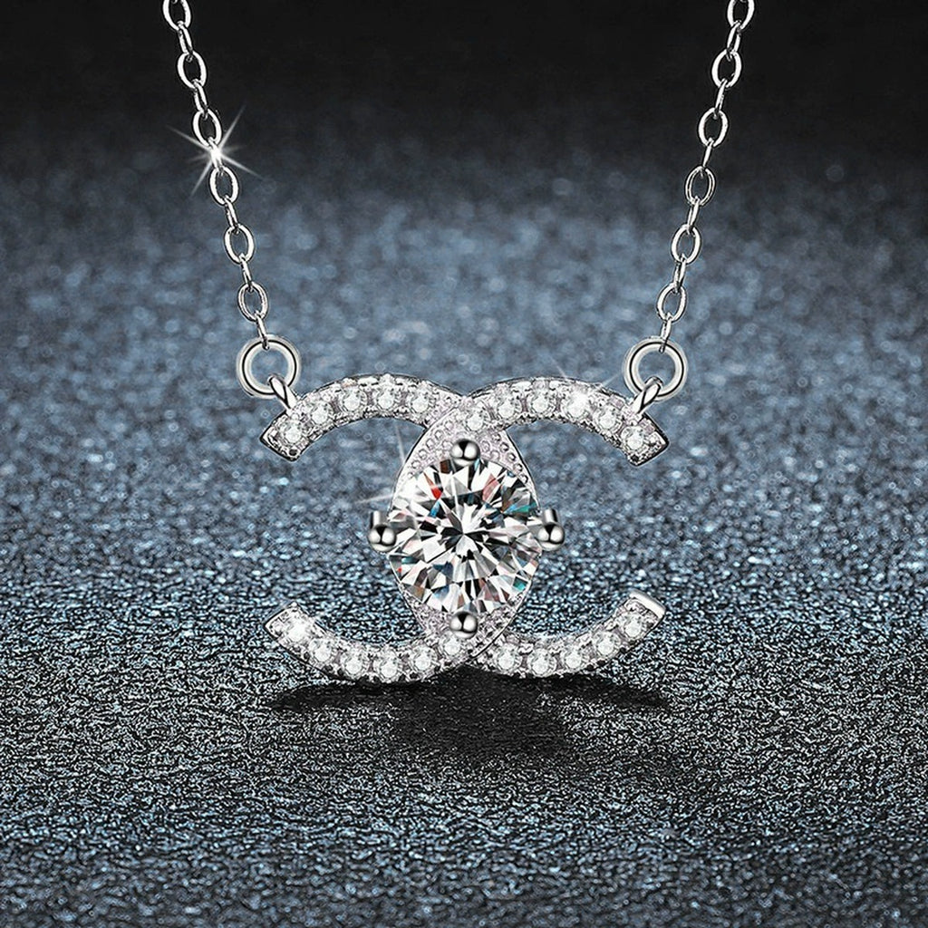 Crescent Moon Round Moissanite Necklace with CZ in White Gold-Plated S925 sterling silver angled product detail view