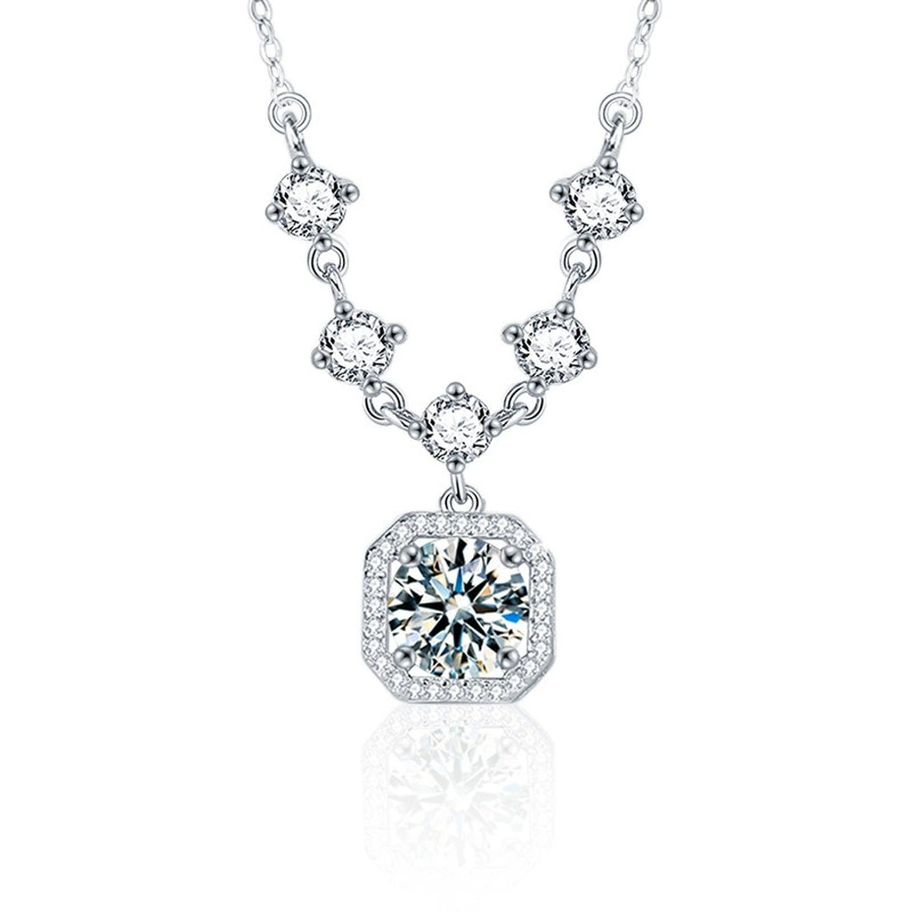Sugar Cube Round Moissanite Necklace with CZ in White Gold-Plated S925 sterling silver white background product photo showing rounded square sugar-cube pendant with an 8mm round moissanite center and CZ halo