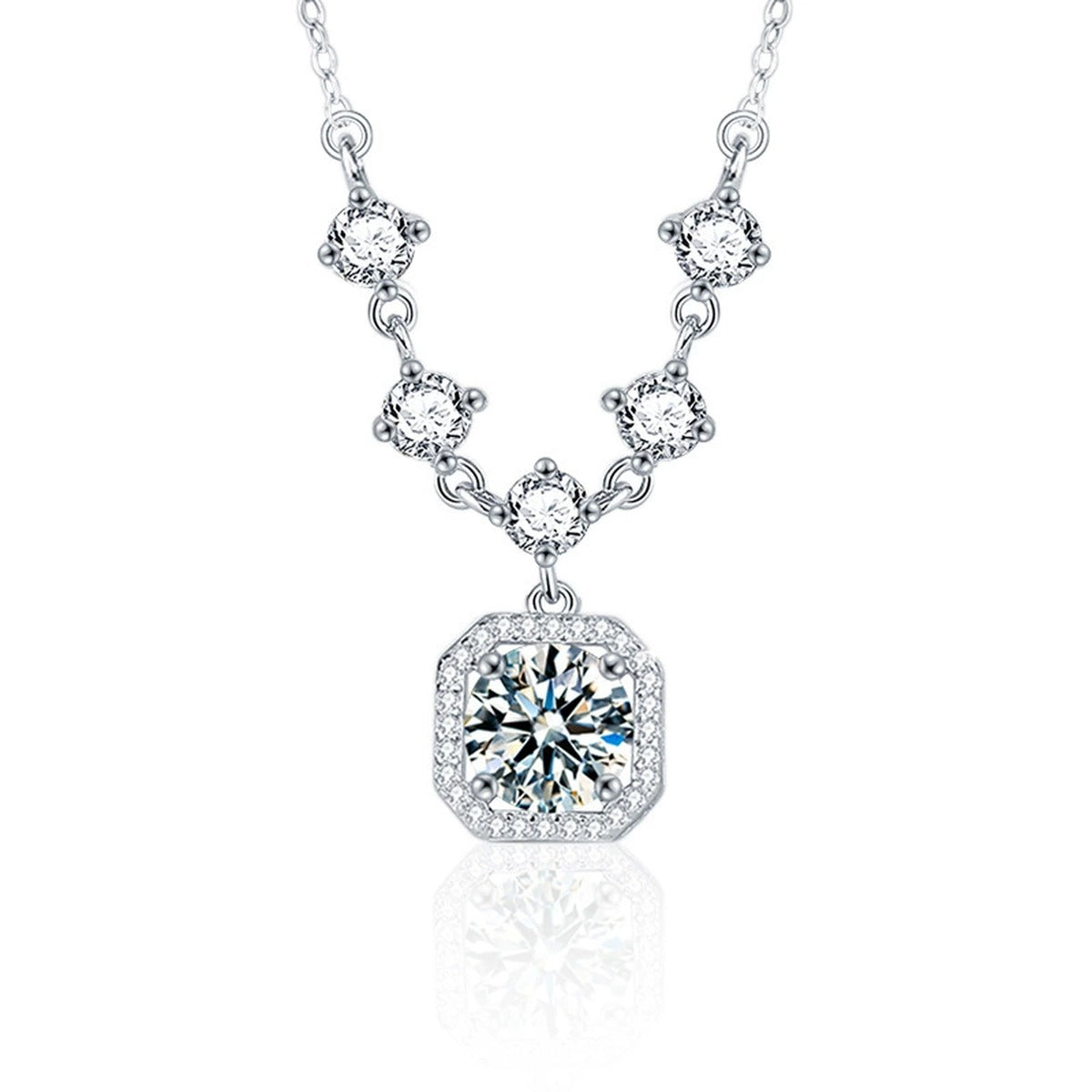 Sugar Cube Round Moissanite Necklace with CZ in White Gold-Plated S925 sterling silver white background product photo showing rounded square sugar-cube pendant with an 8mm round moissanite center and CZ halo