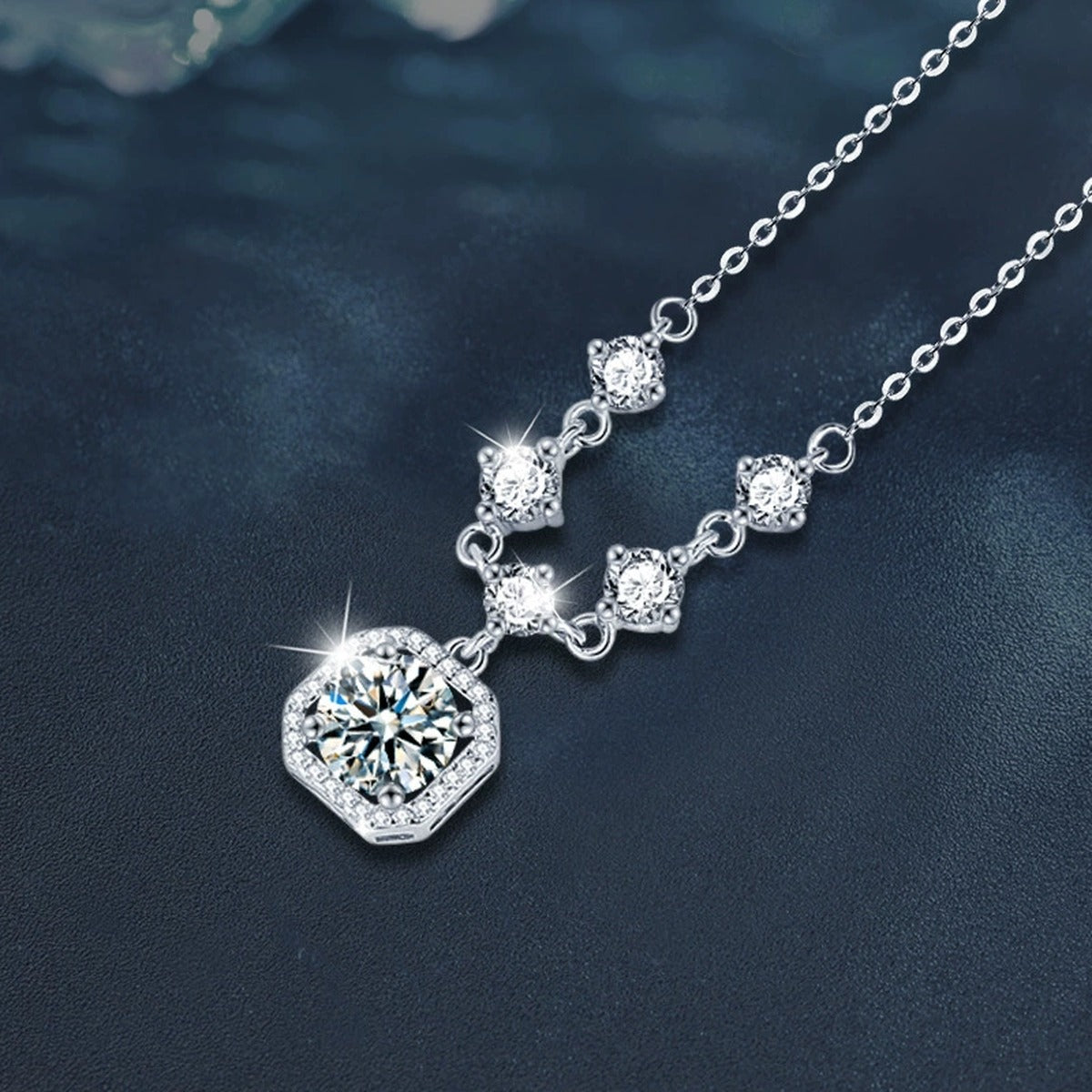 Sugar Cube Round Moissanite Necklace with CZ in White Gold-Plated S925 sterling silver close-up product scene showing pendant setting