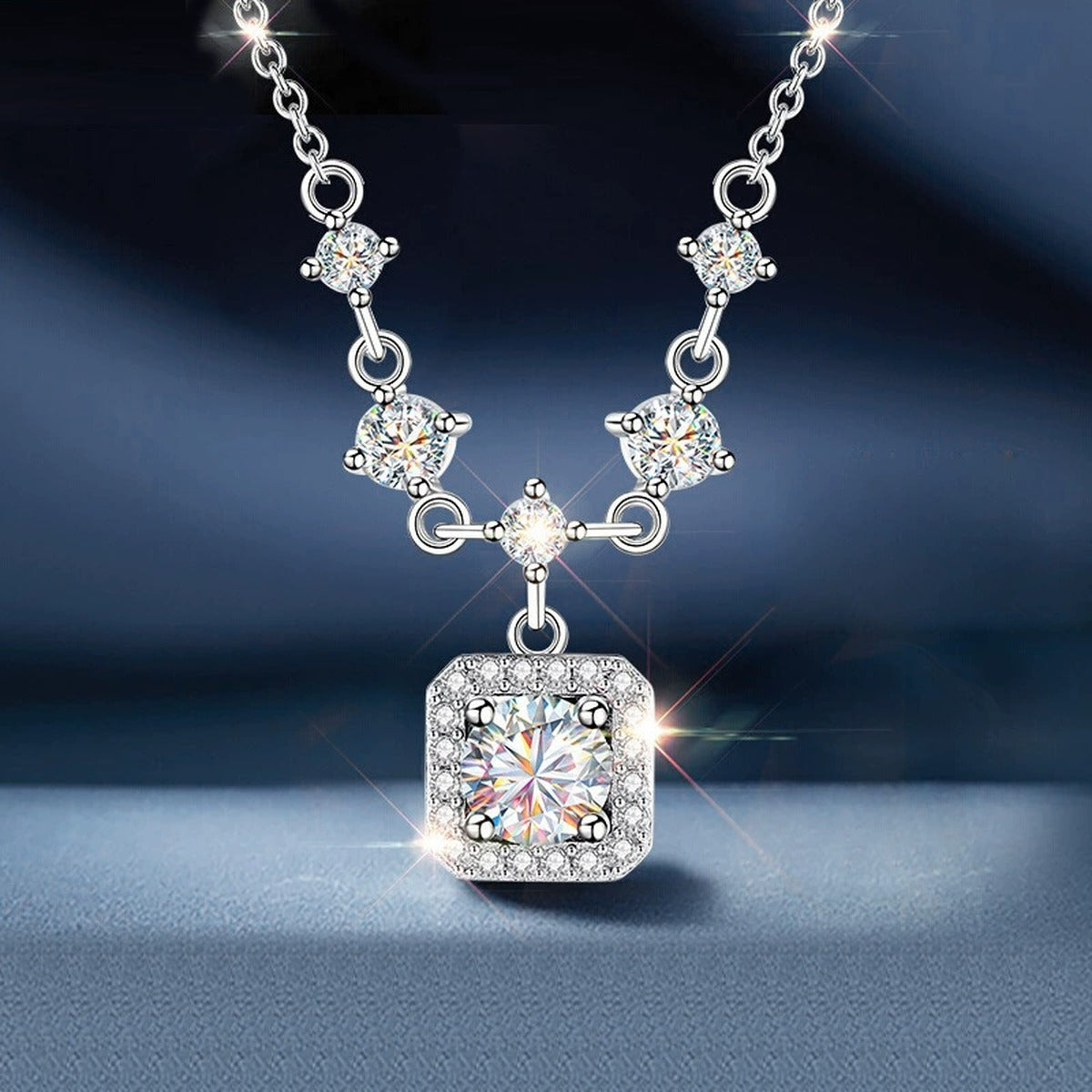 Sugar Cube Round Moissanite Necklace with CZ in White Gold-Plated S925 sterling silver blue display scene showing chain and stone layout