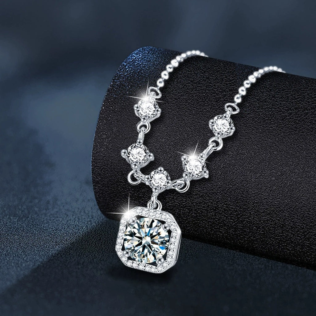 Sugar Cube Round Moissanite Necklace with CZ in White Gold-Plated S925 sterling silver angled product detail view