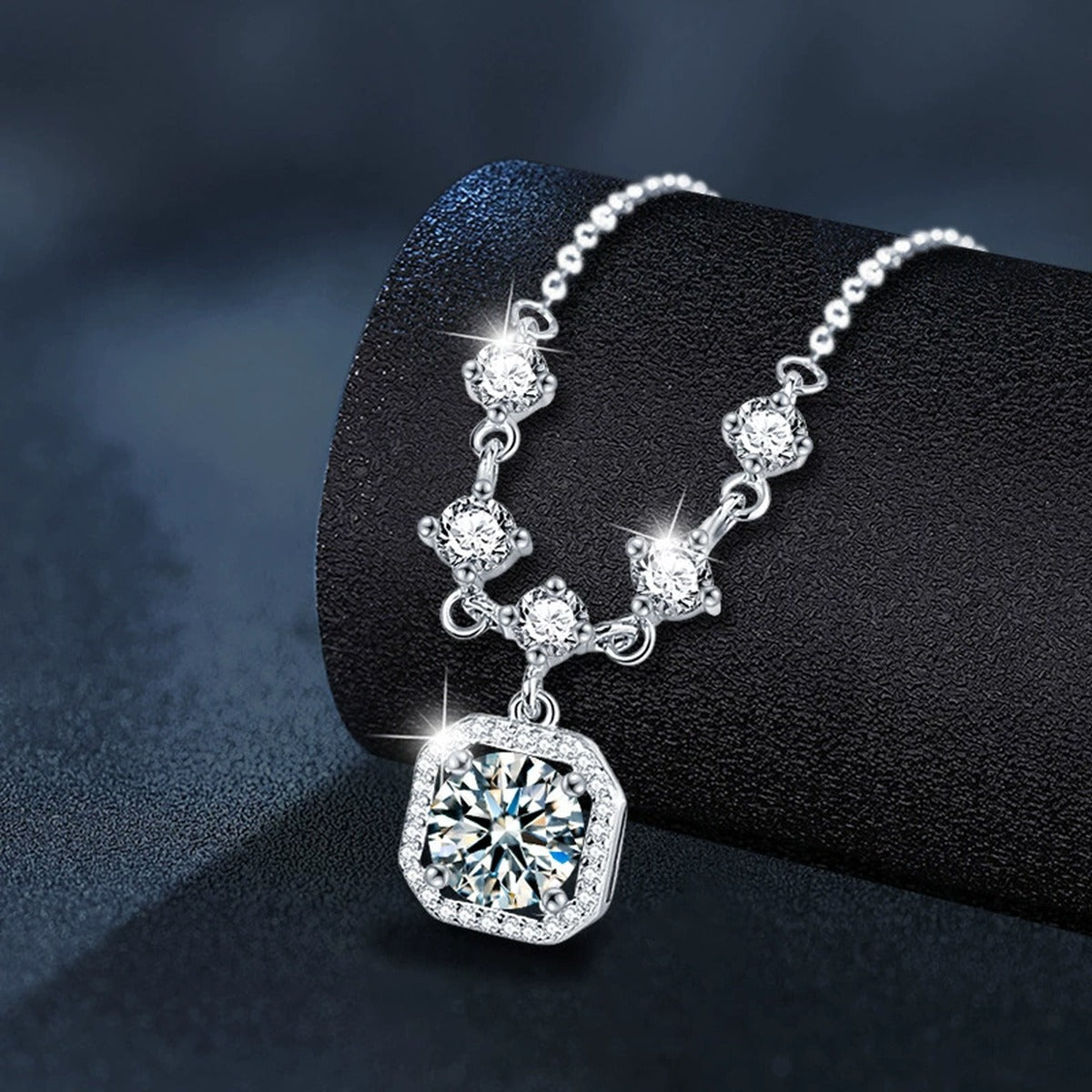 Sugar Cube Round Moissanite Necklace with CZ in White Gold-Plated S925 sterling silver angled product detail view