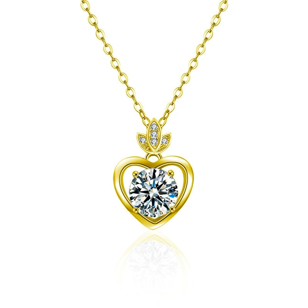 Leaf Heart Moissanite Necklace with CZ in Gold-Plated S925 sterling silver white background front product view showing leaf-topped heart pendant framing a heart-cut moissanite