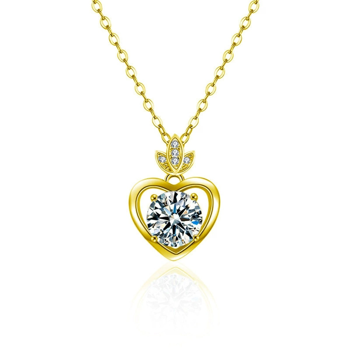 Leaf Heart Moissanite Necklace with CZ in Gold-Plated S925 sterling silver white background front product view showing leaf-topped heart pendant framing a heart-cut moissanite