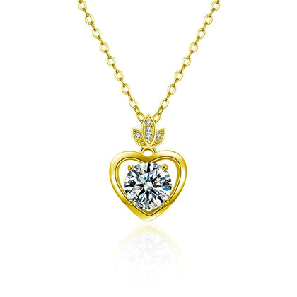 Leaf Heart Moissanite Necklace with CZ in Gold-Plated S925 sterling silver white background front product view showing leaf-topped heart pendant framing a heart-cut moissanite