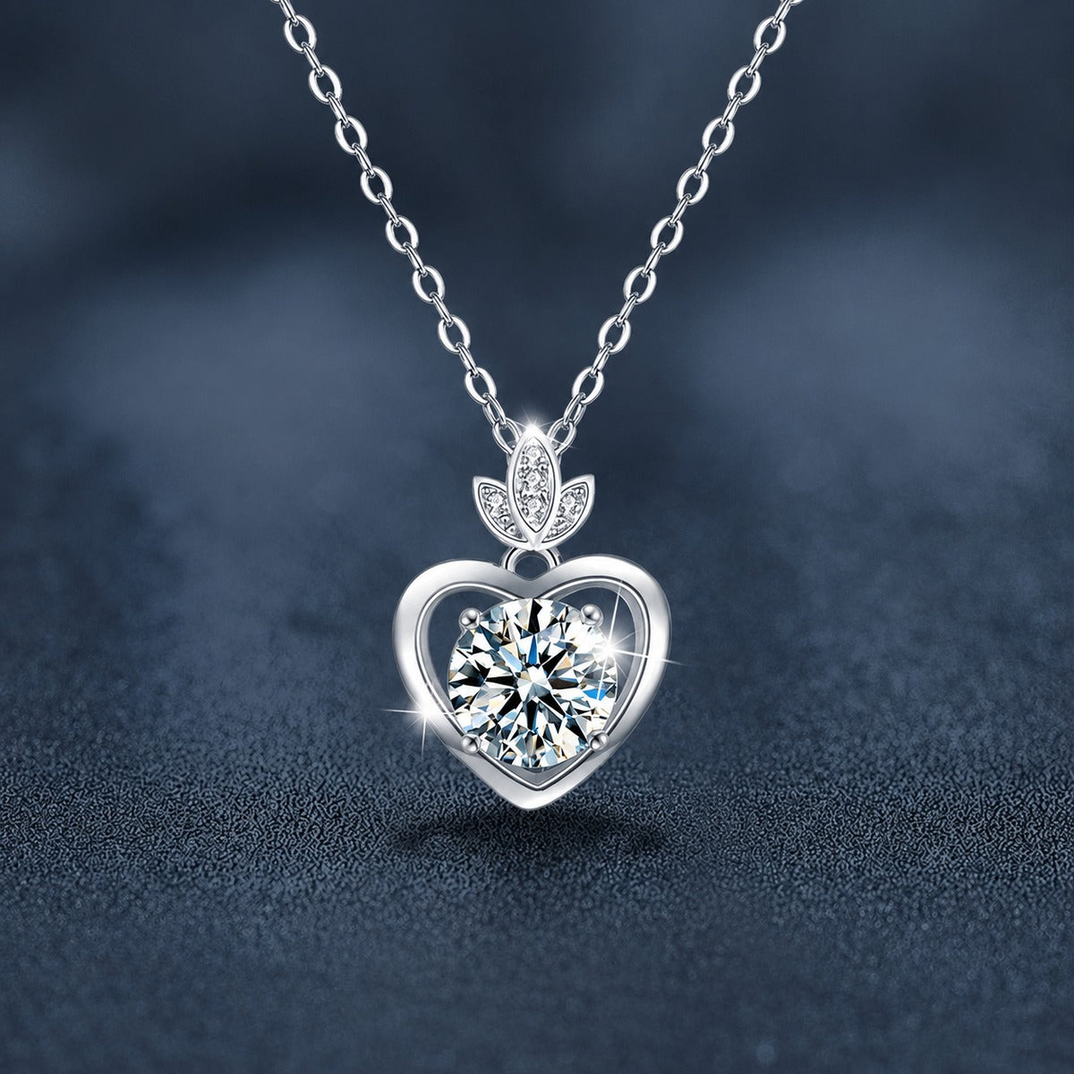 Leaf Heart Moissanite Necklace with CZ in Gold-Plated S925 sterling silver close-up styled product scene showing pendant setting