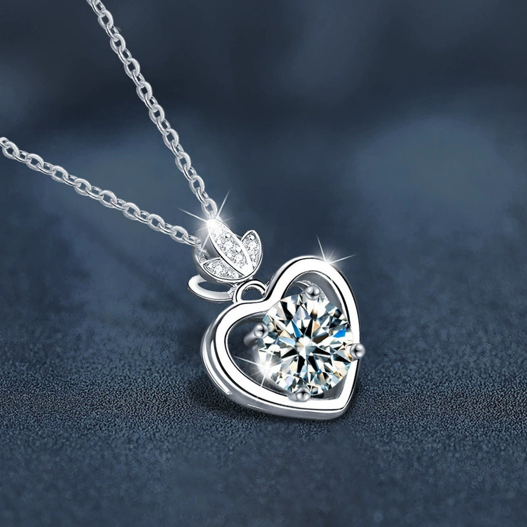 Leaf Heart Moissanite Necklace with CZ in Gold-Plated S925 sterling silver display scene showing chain and stone layout