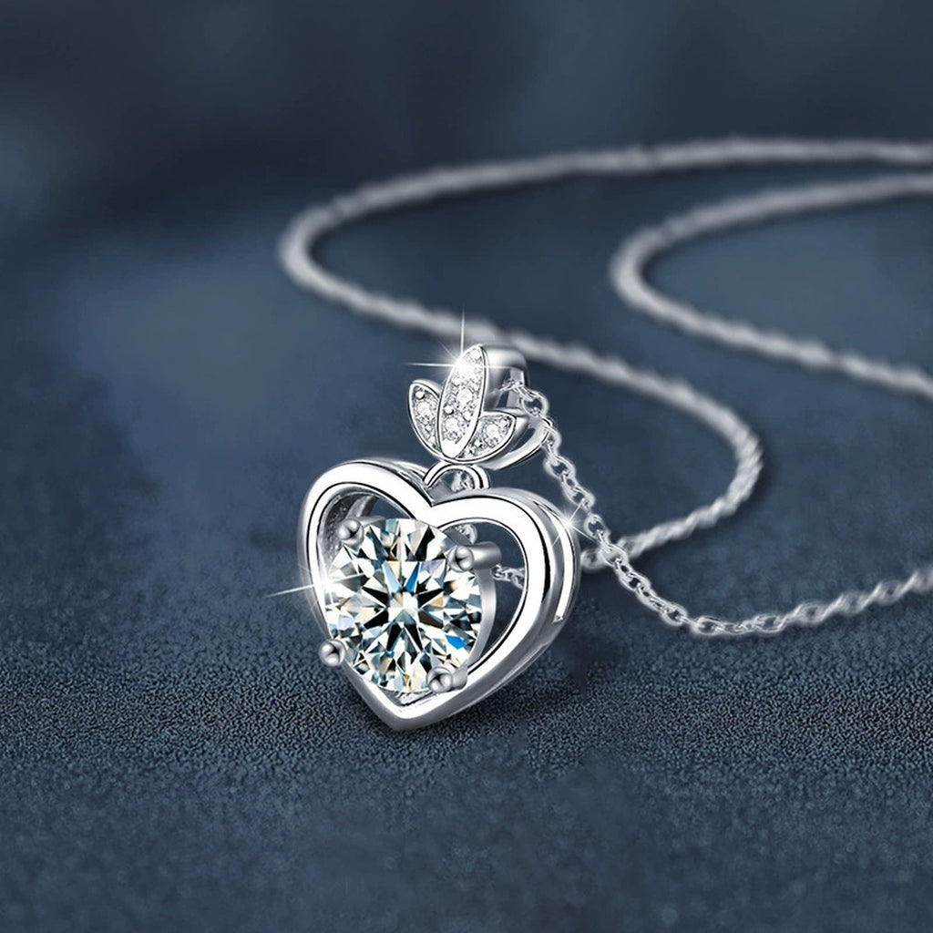 Leaf Heart Moissanite Necklace with CZ in Gold-Plated S925 sterling silver angled product detail view