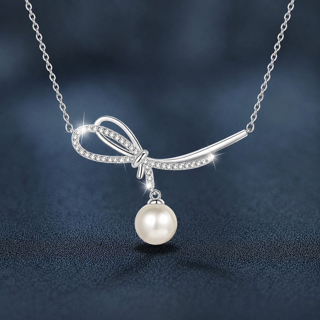 Bowknot Pearl and Moissanite Necklace in White Gold-Plated S925 sterling silver close-up product scene showing pendant setting