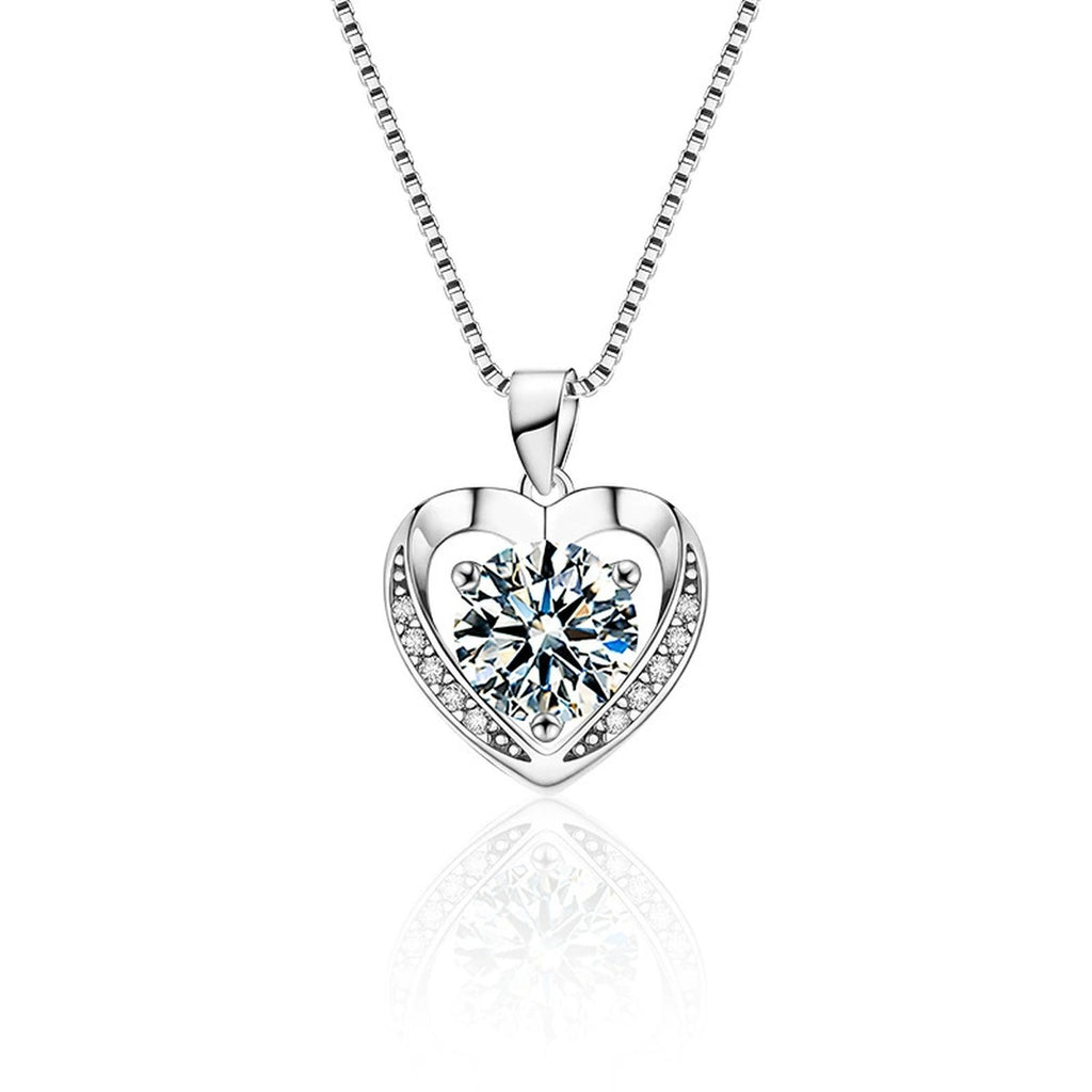 Ocean Heart Round Moissanite Necklace with CZ in White Gold-Plated S925 sterling silver white background product photo showing ocean heart pendant with CZ detail and round moissanite size options