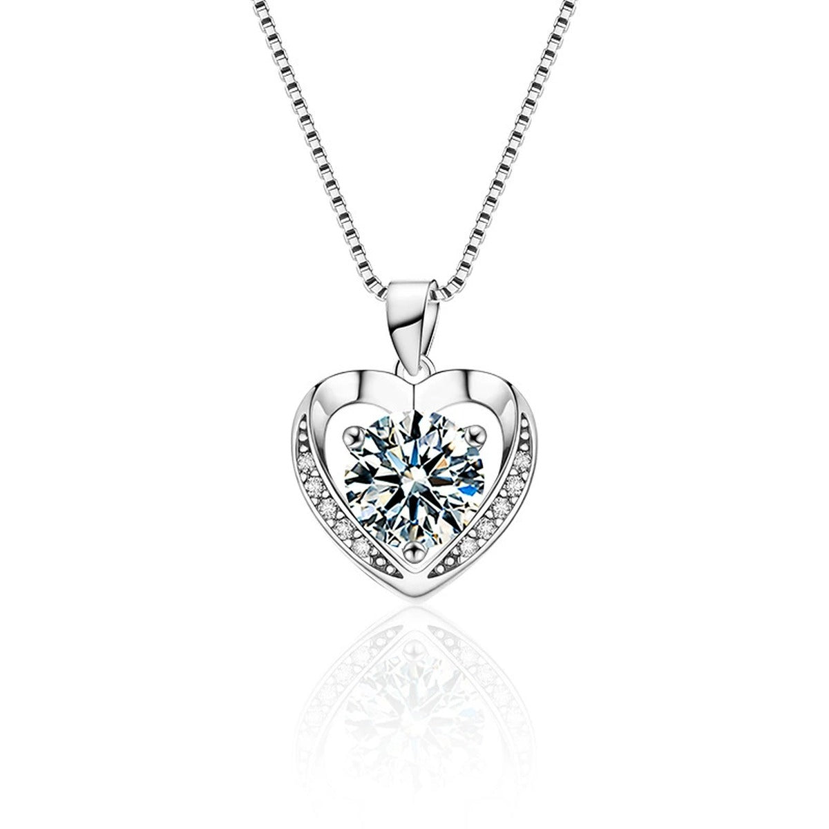 Ocean Heart Round Moissanite Necklace with CZ in White Gold-Plated S925 sterling silver white background product photo showing ocean heart pendant with CZ detail and round moissanite size options