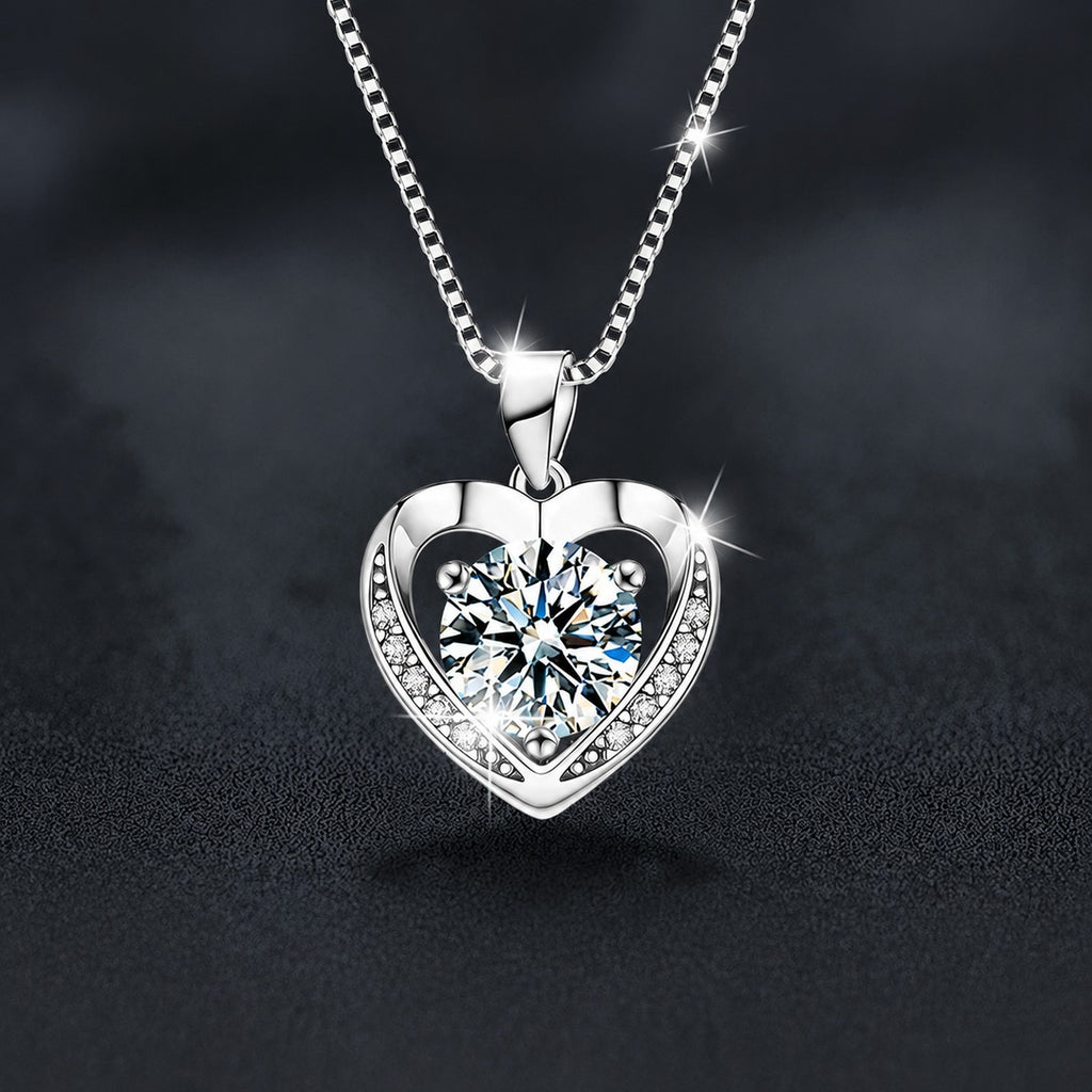 Ocean Heart Round Moissanite Necklace with CZ in White Gold-Plated S925 sterling silver close-up product scene showing pendant setting