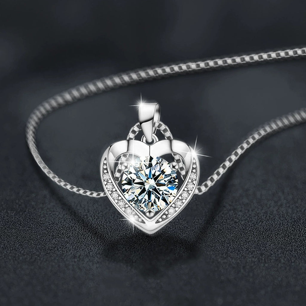 Ocean Heart Round Moissanite Necklace with CZ in White Gold-Plated S925 sterling silver blue display scene showing chain and stone layout
