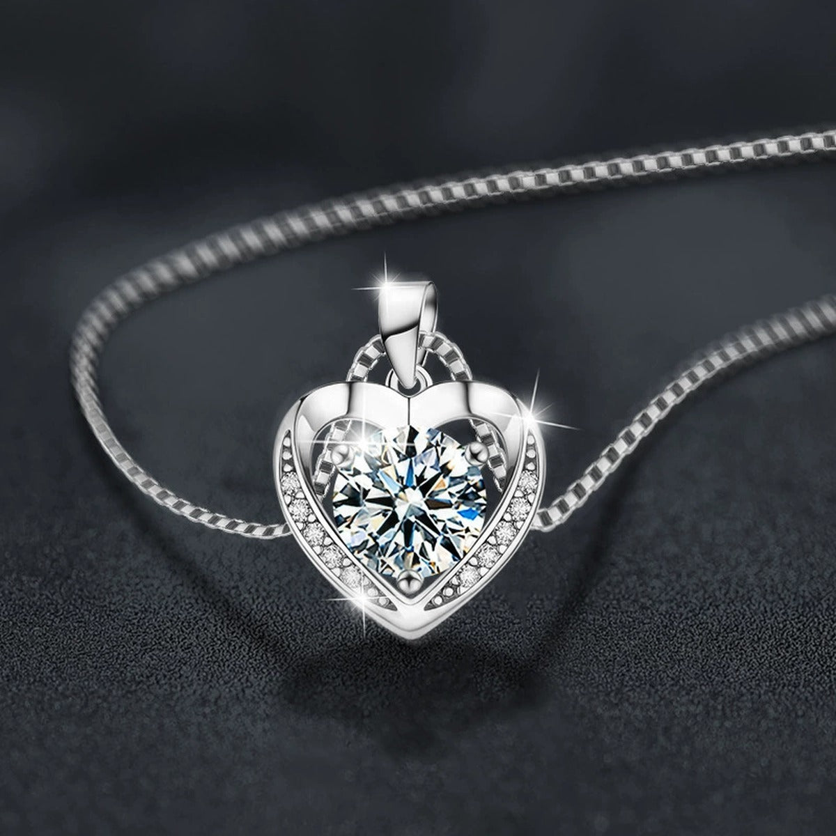 Ocean Heart Round Moissanite Necklace with CZ in White Gold-Plated S925 sterling silver blue display scene showing chain and stone layout