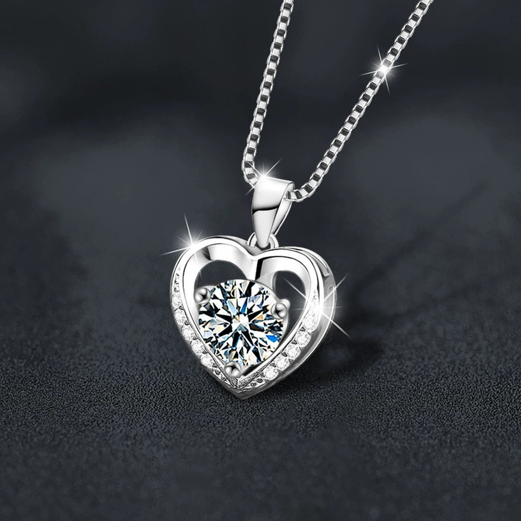 Ocean Heart Round Moissanite Necklace with CZ in White Gold-Plated S925 sterling silver angled product detail view