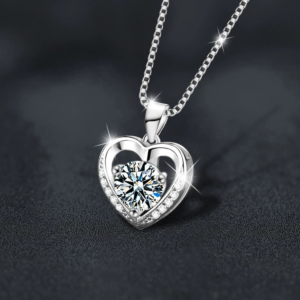 Ocean Heart Round Moissanite Necklace with CZ in White Gold-Plated S925 sterling silver angled product detail view