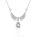 Angel Wing Pear Cut Moissanite Necklace with CZ in White Gold-Plated S925 sterling silver white background product photo showing angel wing pendant with a pear-cut moissanite center and CZ feather accents