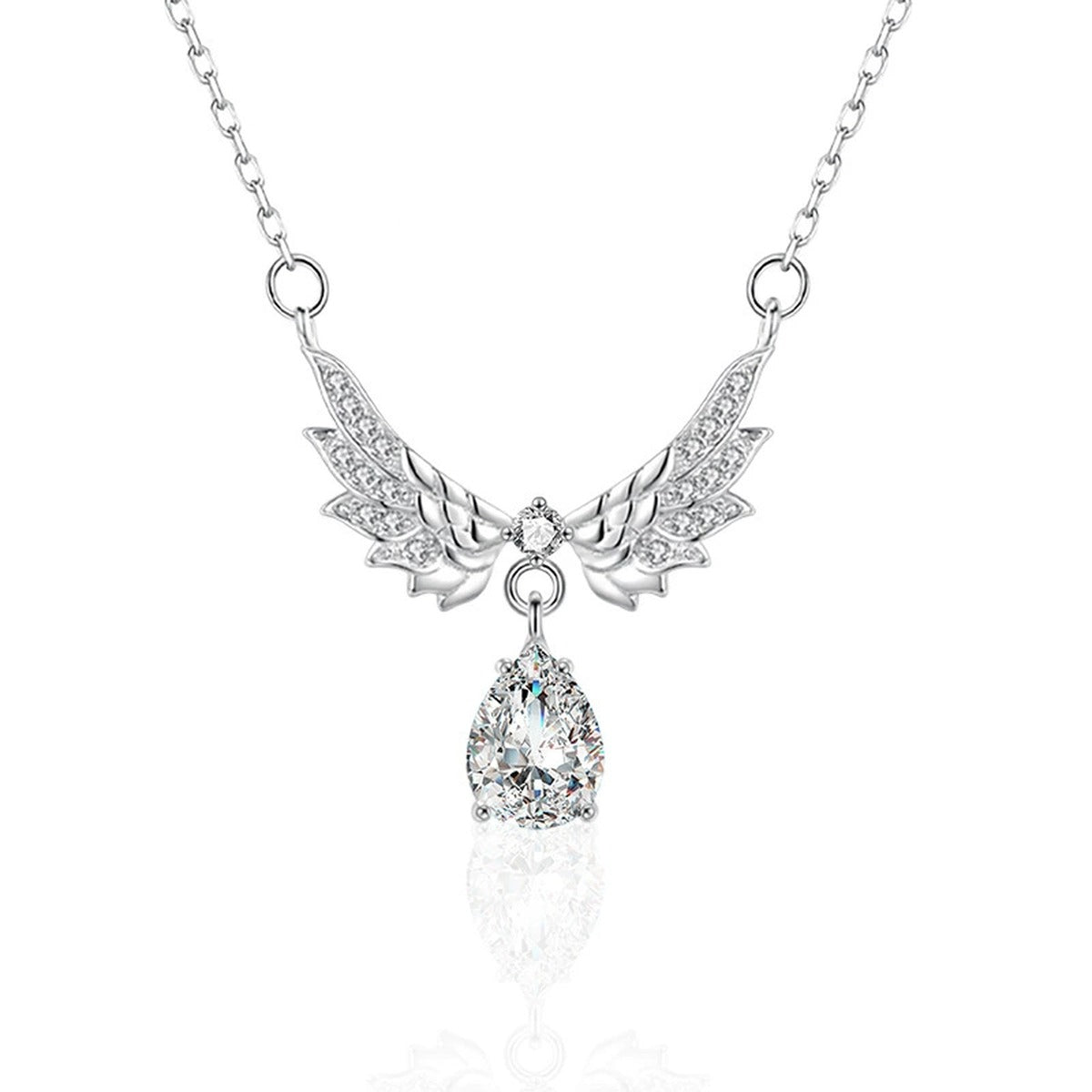 Angel Wing Pear Cut Moissanite Necklace with CZ in White Gold-Plated S925 sterling silver white background product photo showing angel wing pendant with a pear-cut moissanite center and CZ feather accents