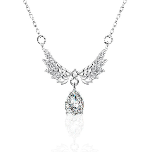 Angel Wing Pear Cut Moissanite Necklace with CZ in White Gold-Plated S925 Sterling Silver