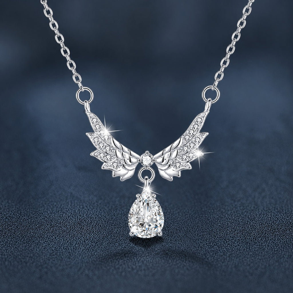 Angel Wing Pear Cut Moissanite Necklace with CZ in White Gold-Plated S925 sterling silver close-up product scene showing pendant setting