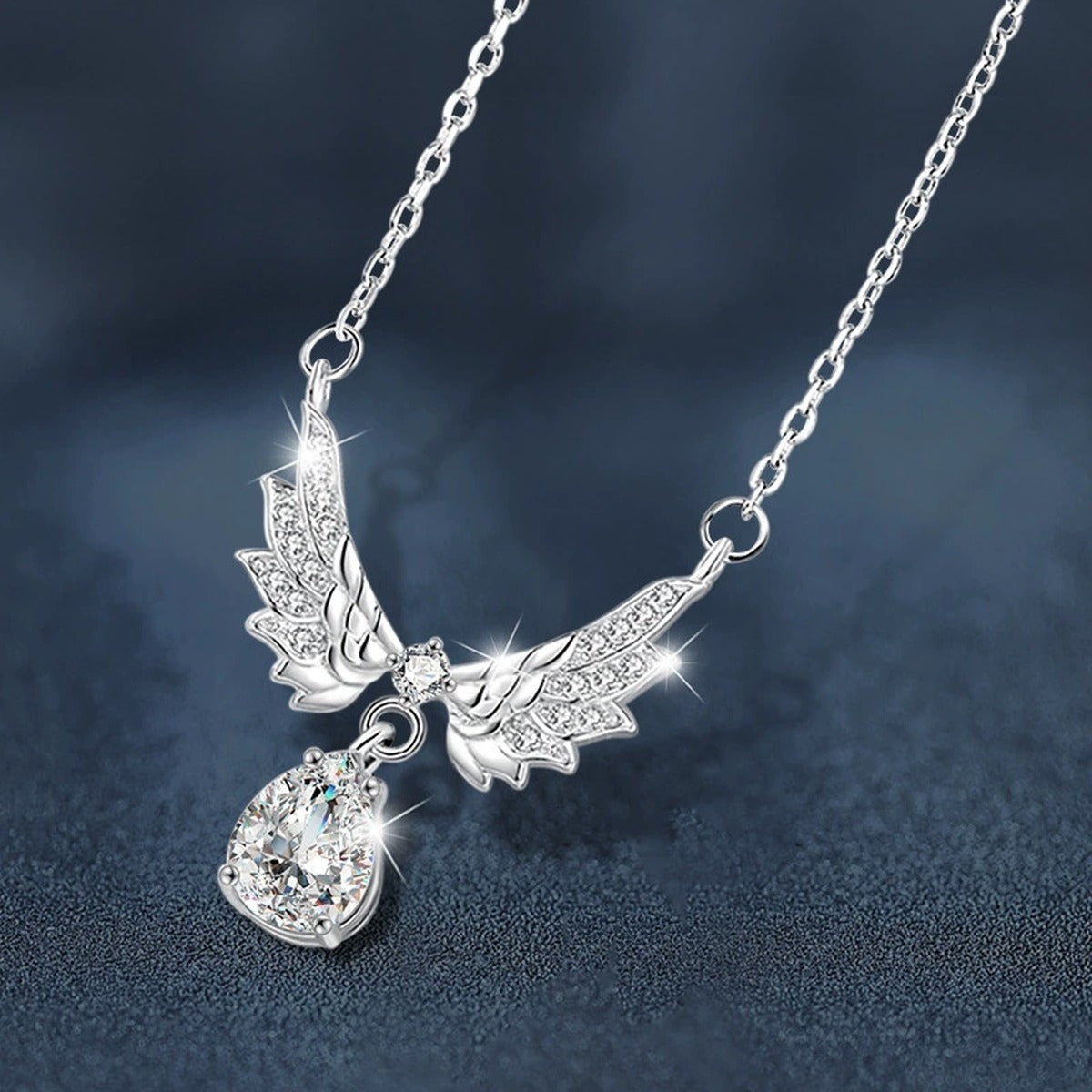 Angel Wing Pear Cut Moissanite Necklace with CZ in White Gold-Plated S925 sterling silver angled product detail view