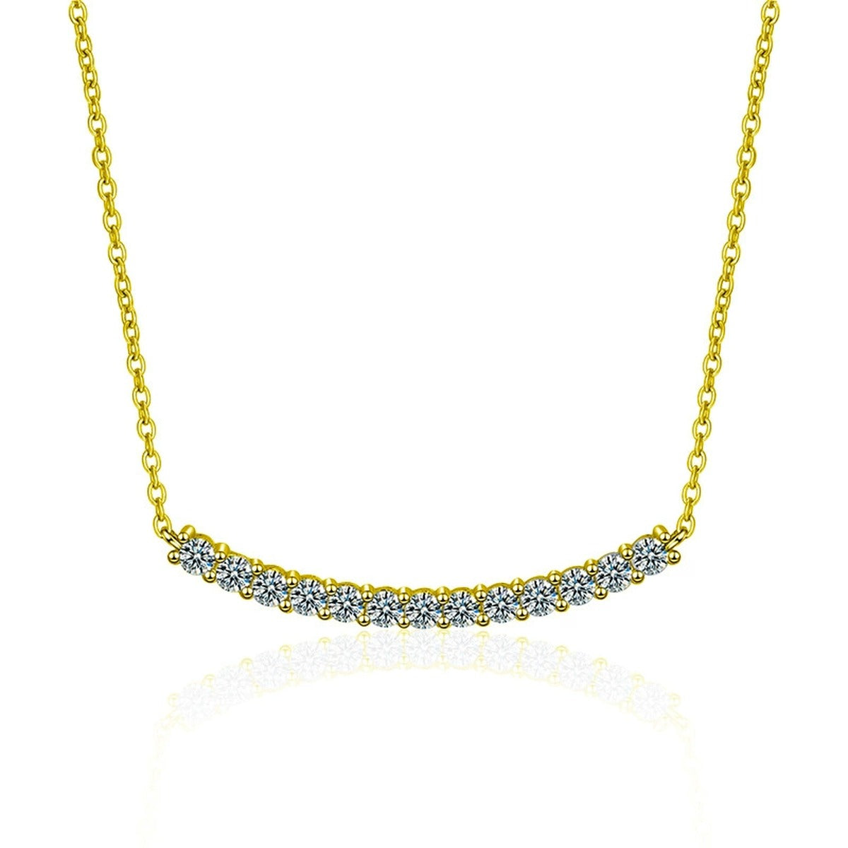 Curved Bar Round Moissanite Necklace in Gold-Plated S925 sterling silver white background front product view showing a softly curved bar lined with thirteen round moissanite stones