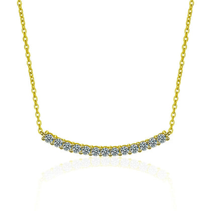 Curved Bar Round Moissanite Necklace in Gold-Plated S925 sterling silver white background front product view showing a softly curved bar lined with thirteen round moissanite stones