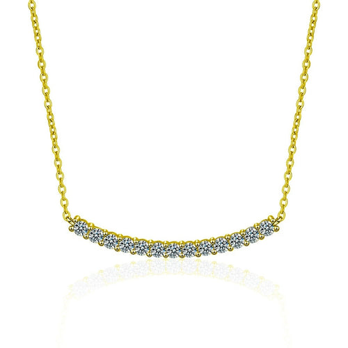 Curved Bar Round Moissanite Necklace in Gold-Plated S925 sterling silver white background front product view showing a softly curved bar lined with thirteen round moissanite stones