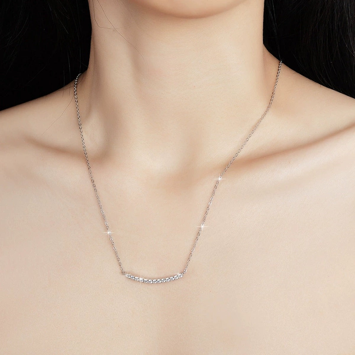 Curved Bar Round Moissanite Necklace in Gold-Plated S925 sterling silver neckline model view showing pendant scale and chain length