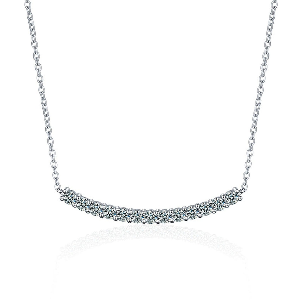 Curved Bar Round Moissanite Necklace in Gold-Plated S925 sterling silver alternate metal color white background product view showing a softly curved bar lined with thirteen round moissanite stones
