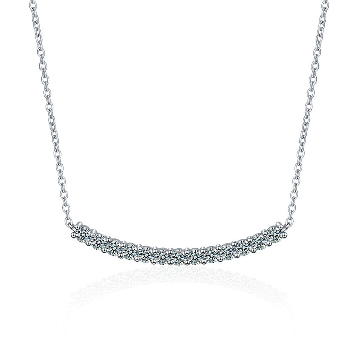 Curved Bar Round Moissanite Necklace in Gold-Plated S925 sterling silver alternate metal color white background product view showing a softly curved bar lined with thirteen round moissanite stones