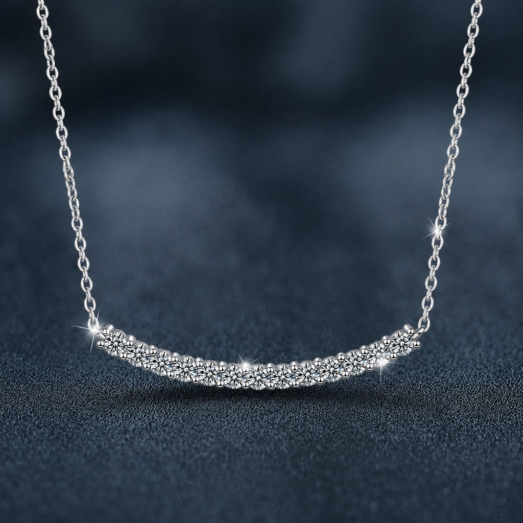 Curved Bar Round Moissanite Necklace in Gold-Plated S925 sterling silver close-up styled product scene showing pendant setting