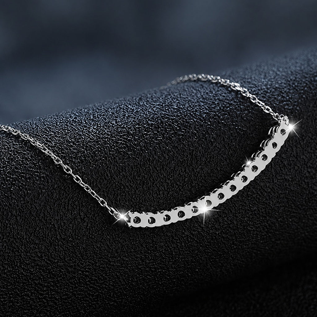 Curved Bar Round Moissanite Necklace in Gold-Plated S925 sterling silver display scene showing chain and stone layout