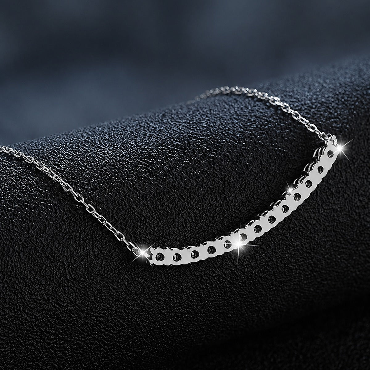 Curved Bar Round Moissanite Necklace in Gold-Plated S925 sterling silver display scene showing chain and stone layout