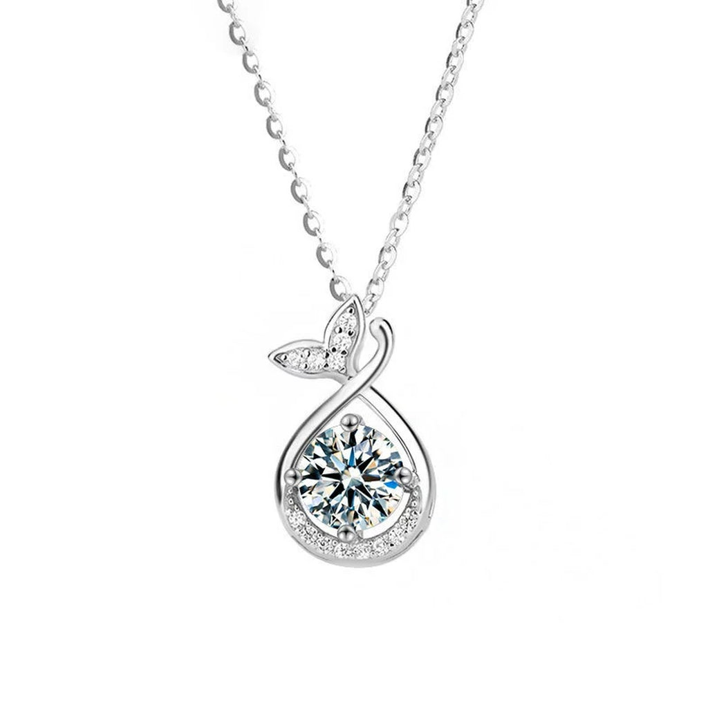 Whale Tail Round Moissanite Necklace with CZ in White Gold-Plated S925 sterling silver white background product photo showing whale tail pendant with a 1 ct round moissanite and CZ accents