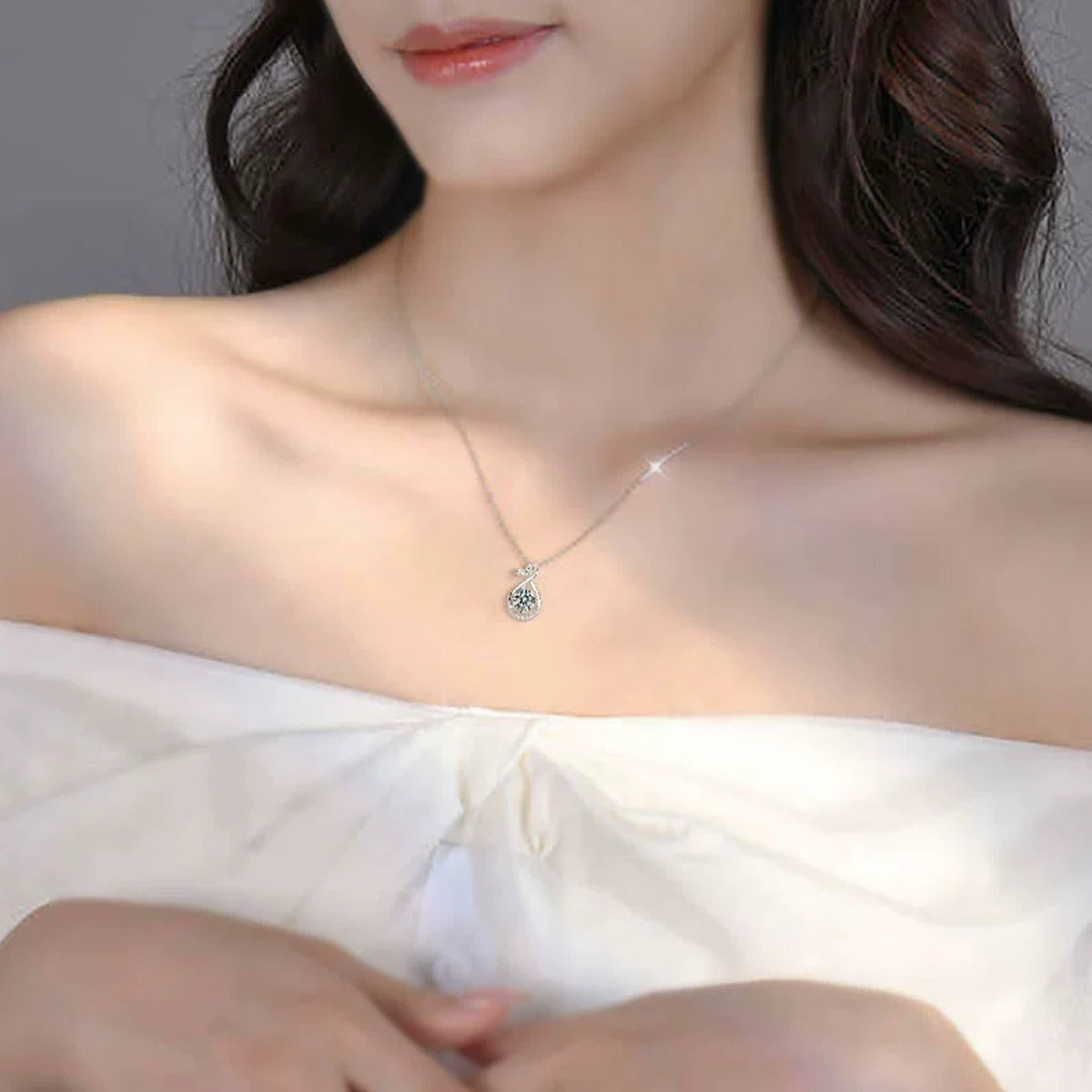 Whale Tail Round Moissanite Necklace with CZ in White Gold-Plated S925 sterling silver neckline model view showing pendant scale and chain length