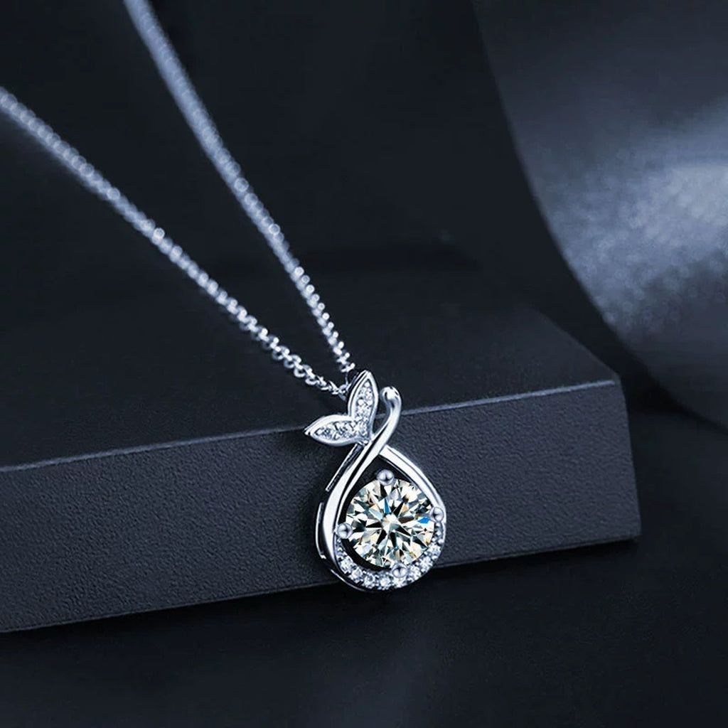 Whale Tail Round Moissanite Necklace with CZ in White Gold-Plated S925 sterling silver close-up product scene showing pendant setting