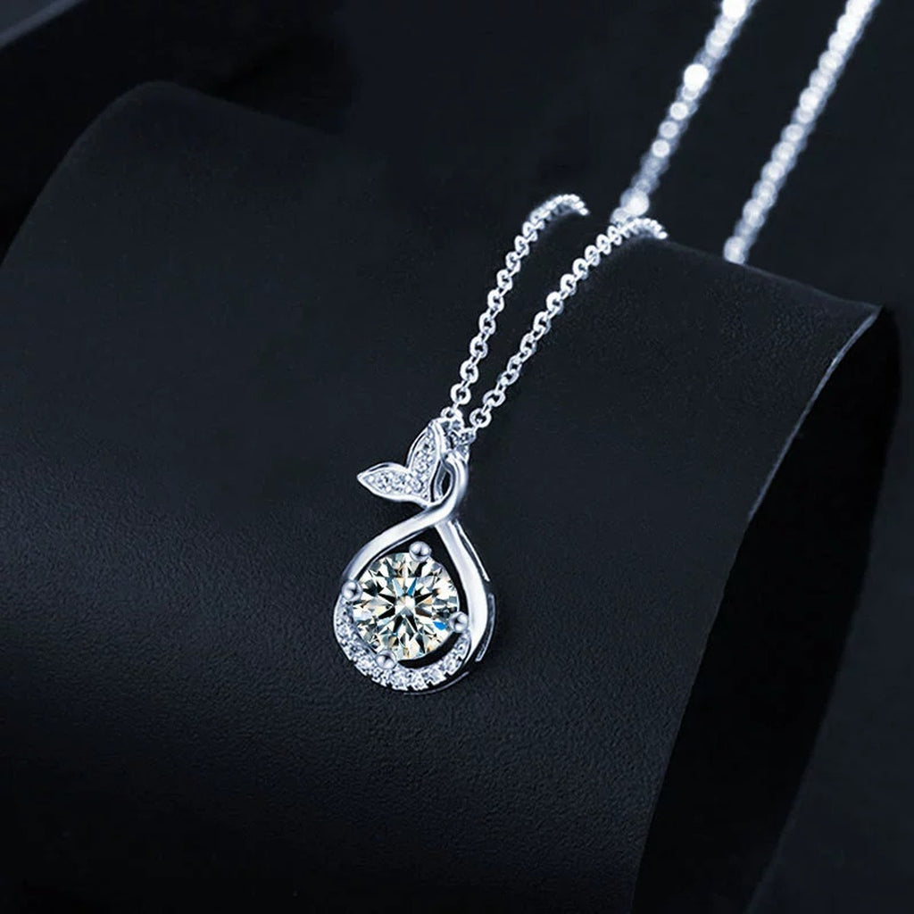 Whale Tail Round Moissanite Necklace with CZ in White Gold-Plated S925 sterling silver angled product detail view