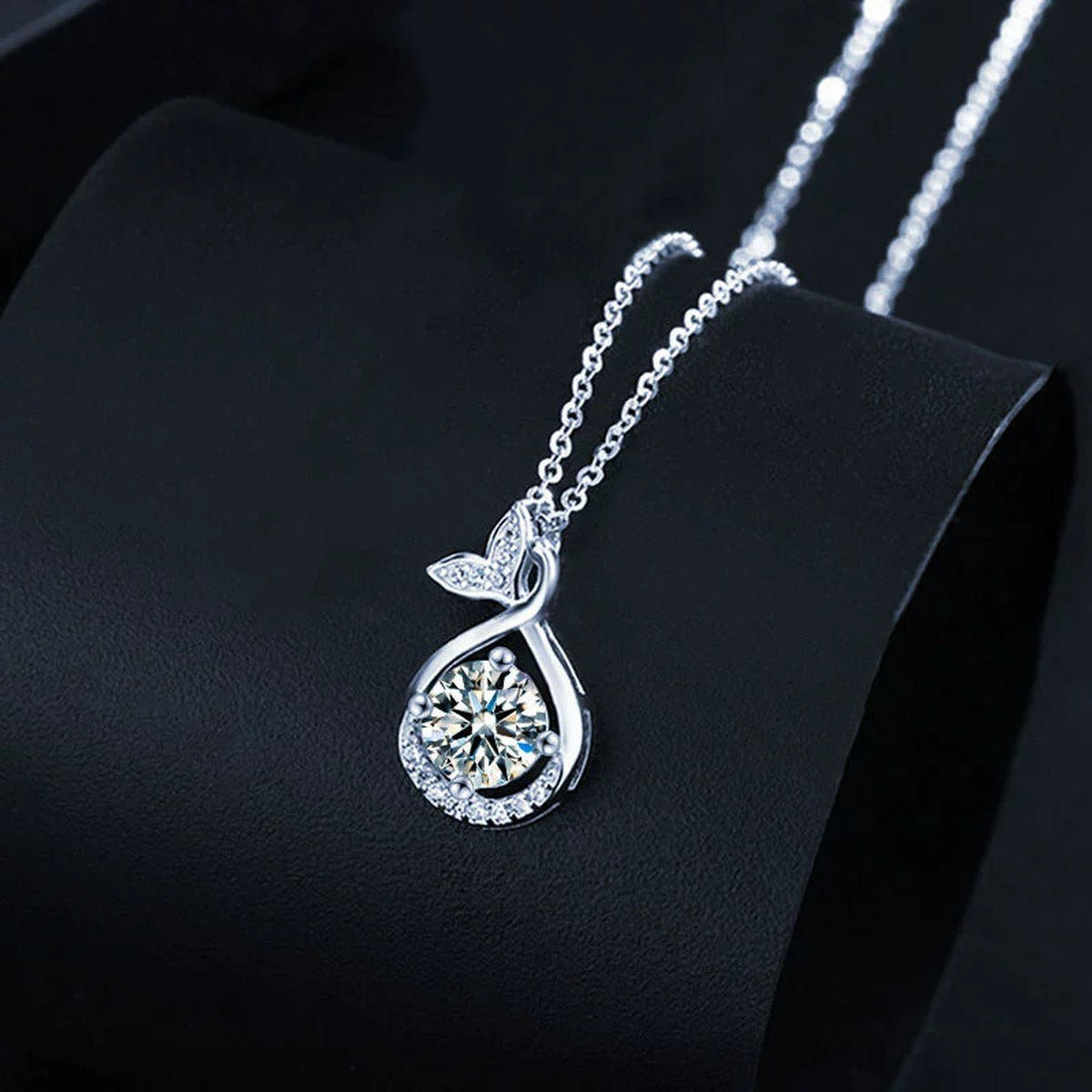 Whale Tail Round Moissanite Necklace with CZ in White Gold-Plated S925 sterling silver angled product detail view