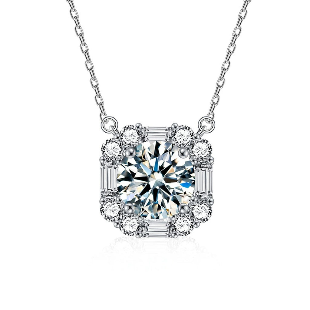 Sugar Cube Round Moissanite Necklace with CZ in White Gold-Plated S925 sterling silver white background product photo showing square sugar-cube pendant with a 3 ct round moissanite center and CZ halo