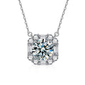 Sugar Cube Round Moissanite Necklace with CZ in White Gold-Plated S925 sterling silver white background product photo showing square sugar-cube pendant with a 3 ct round moissanite center and CZ halo